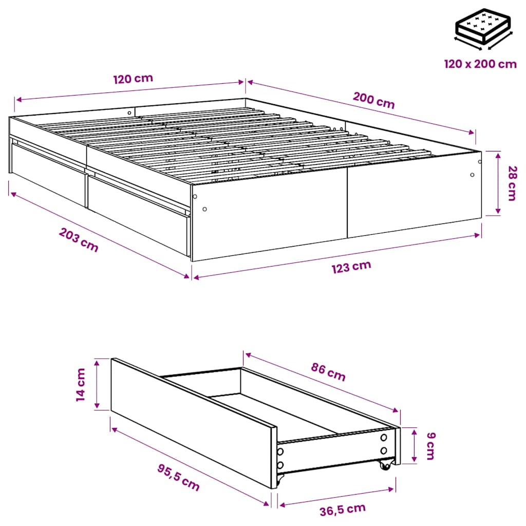 vidaXL Bed Frame with Drawers without Mattress Smoked Oak 120x200 cm