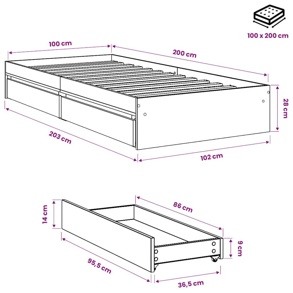 vidaXL Bed Frame with Drawers without Mattress White 100x200 cm