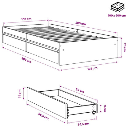 vidaXL Bed Frame with Drawers without Mattress White 100x200 cm