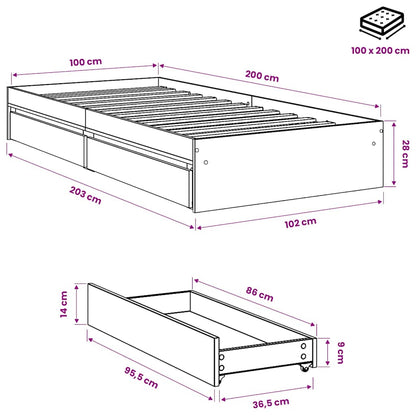 vidaXL Bed Frame with Drawers without Mattress Concrete Grey 100x200cm