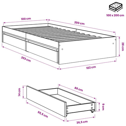 vidaXL Bed Frame with Drawers without Mattress Concrete Grey 100x200cm