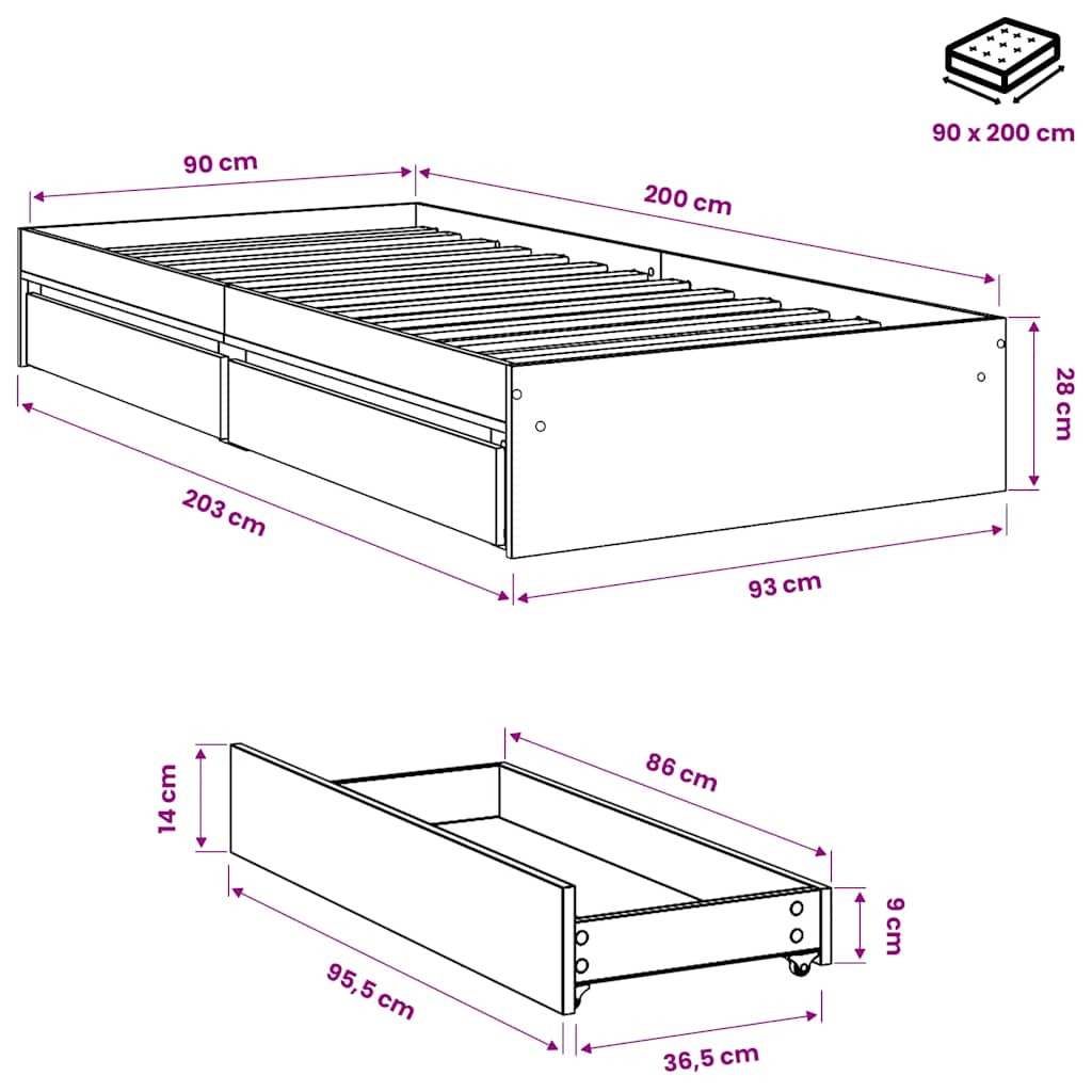 vidaXL Bed Frame with Drawers without Mattress White 90x200 cm