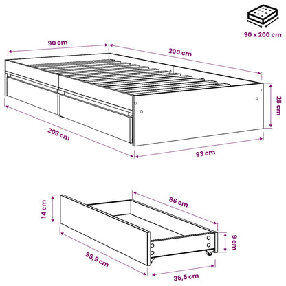 vidaXL Bed Frame with Drawers without Mattress White 90x200 cm