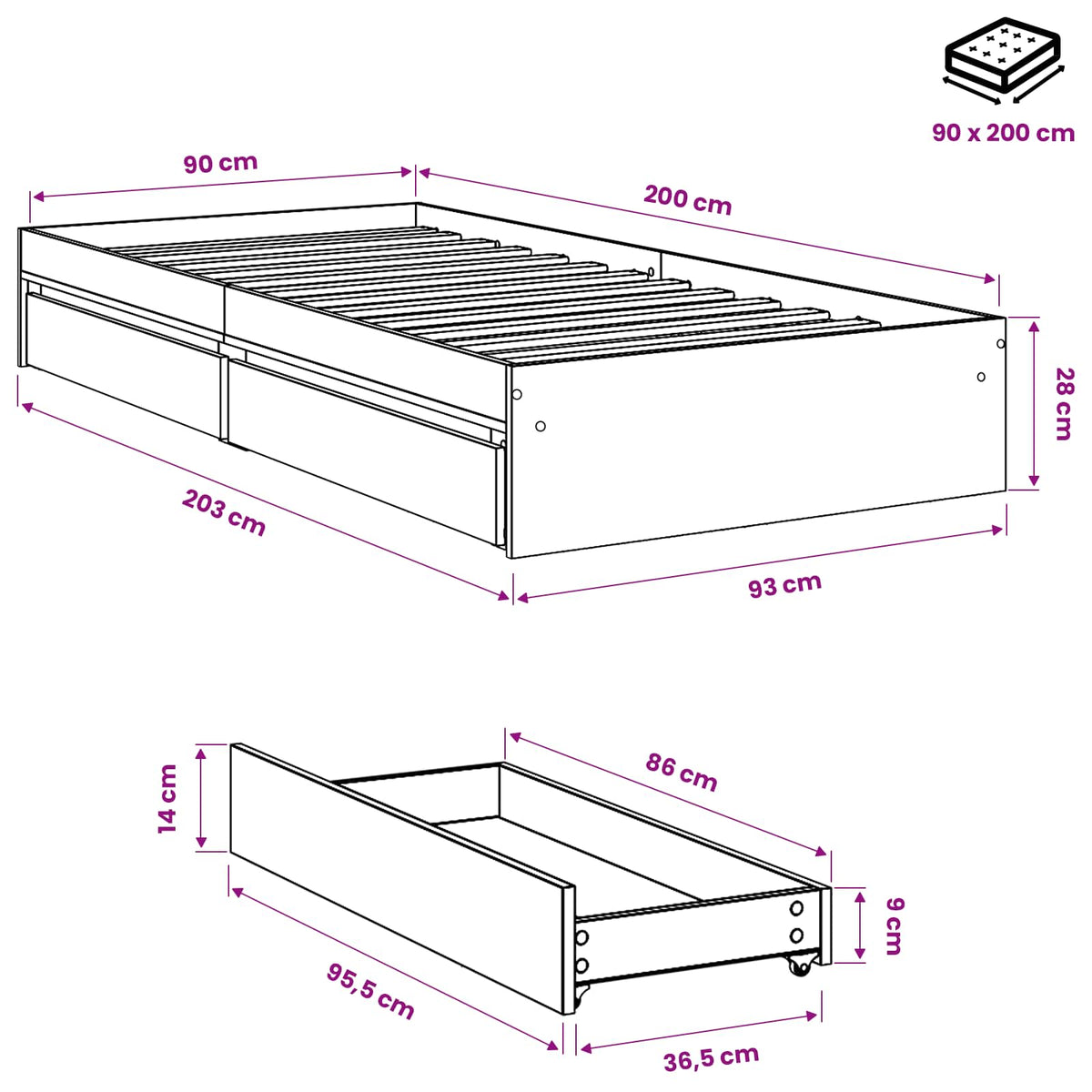 vidaXL Bed Frame with Drawers without Mattress White 90x200 cm