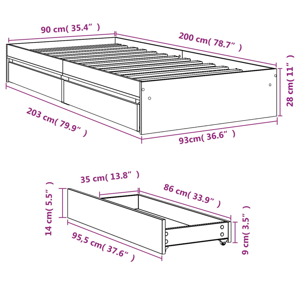 vidaXL Bed Frame with Drawers without Mattress Concrete Grey 90x200 cm