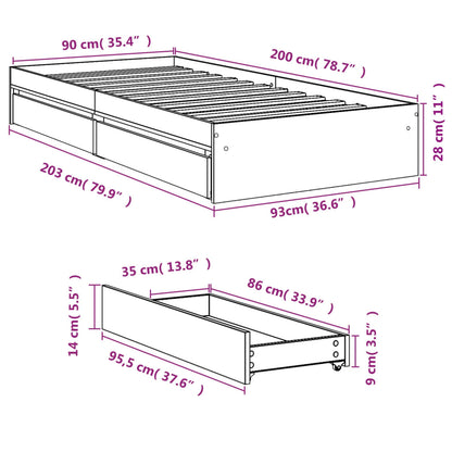vidaXL Bed Frame with Drawers without Mattress Concrete Grey 90x200 cm