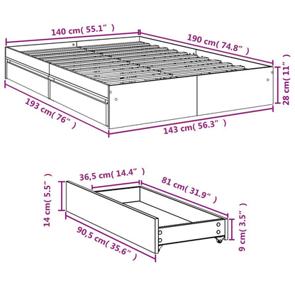 vidaXL Bed Frame with Drawers without Mattress White 140x190 cm