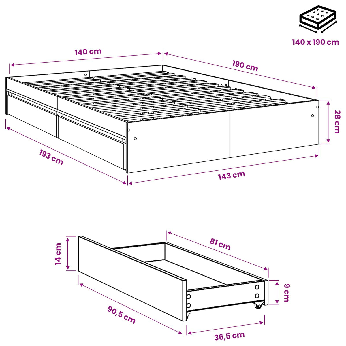 vidaXL Bed Frame with Drawers without Mattress Sonoma Oak 140x190 cm