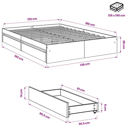 vidaXL Bed Frame with Drawers without Mattress White 135x190 cm