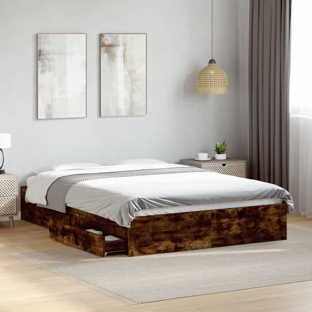 vidaXL Bed Frame with Drawers without Mattress Smoked Oak 135x190 cm Double