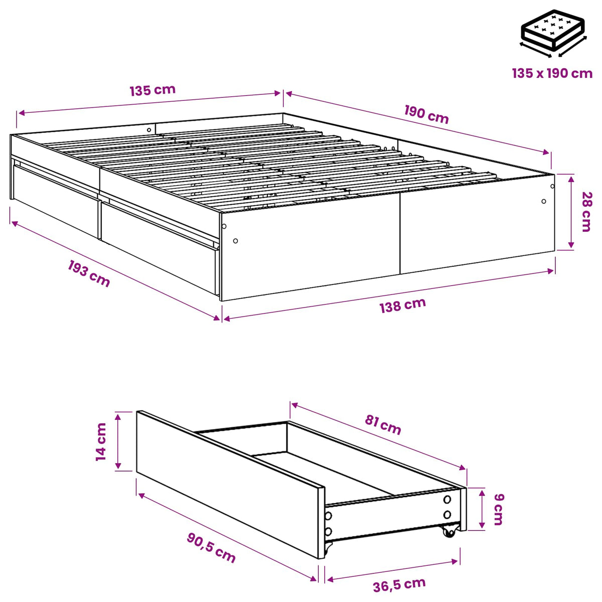 vidaXL Bed Frame with Drawers without Mattress Smoked Oak 135x190 cm
