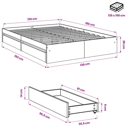 vidaXL Bed Frame with Drawers without Mattress Smoked Oak 135x190 cm