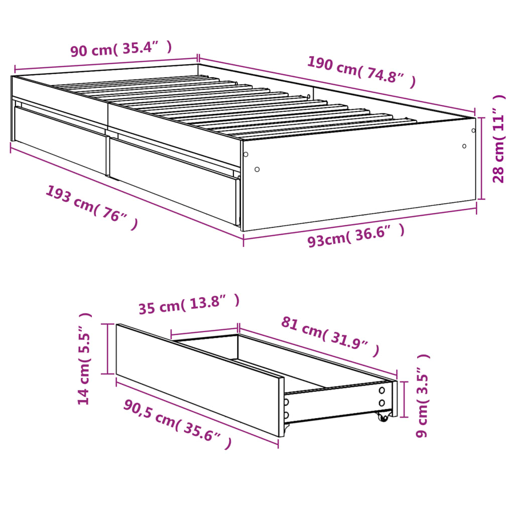 vidaXL Bed Frame with Drawers without Mattress Black 90x190 cm Single