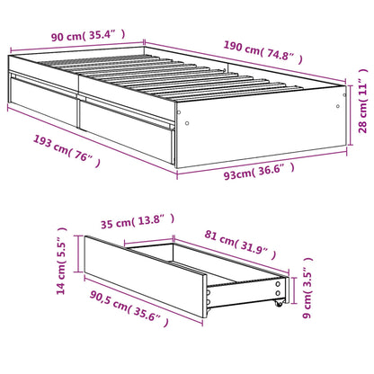 vidaXL Bed Frame with Drawers without Mattress Concrete Grey 90x190 cm Single