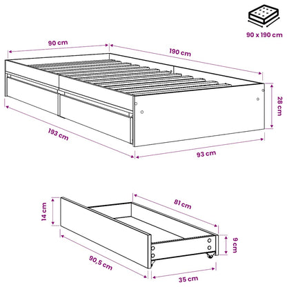 vidaXL Bed Frame with Drawers without Mattress Smoked Oak 90x190 cm