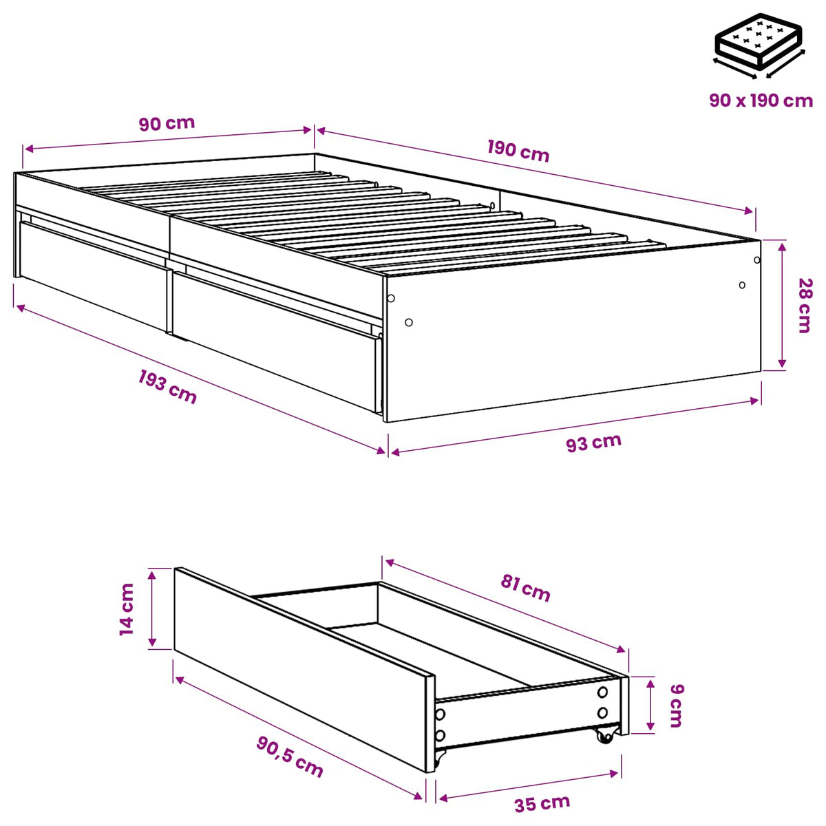 vidaXL Bed Frame with Drawers without Mattress Smoked Oak 90x190 cm