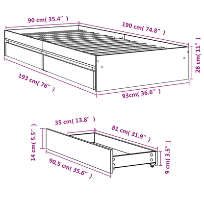 vidaXL Bed Frame with Drawers without Mattress Grey Sonoma 90x190 cm Single