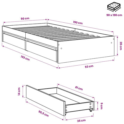 vidaXL Bed Frame with Drawers without Mattress Grey Sonoma 90x190 cm