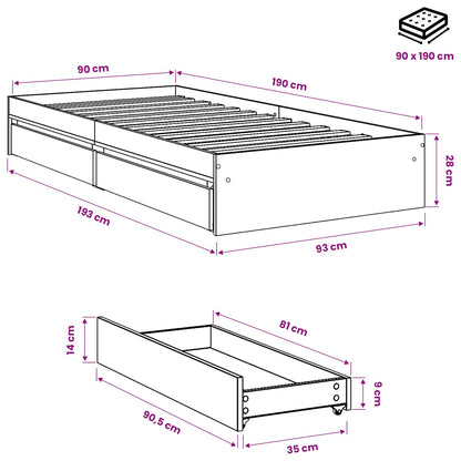 vidaXL Bed Frame with Drawers without Mattress Grey Sonoma 90x190 cm