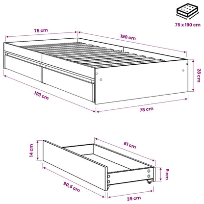 vidaXL Bed Frame with Drawers without Mattress Sonoma Oak 75x190 cm