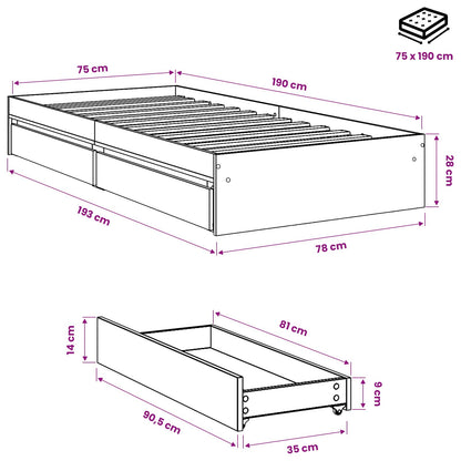 vidaXL Bed Frame with Drawers without Mattress Sonoma Oak 75x190 cm