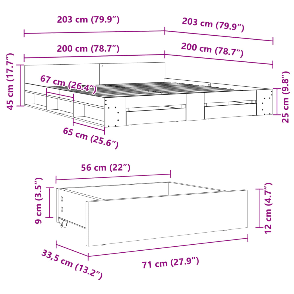 vidaXL Bed Frame with Drawers without Mattress Grey Sonoma 200x200 cm