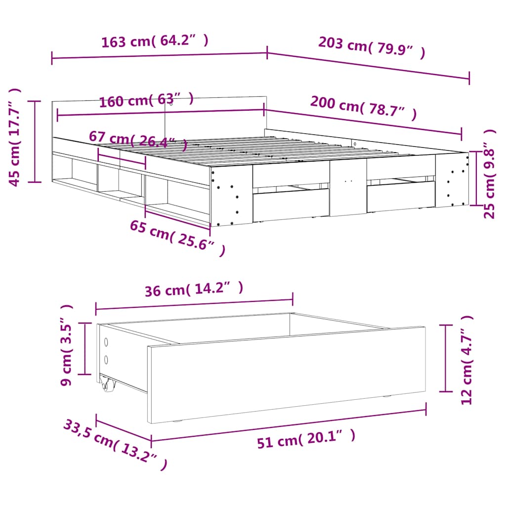 vidaXL Bed Frame with Drawers without Mattress Concrete Grey 160x200 cm