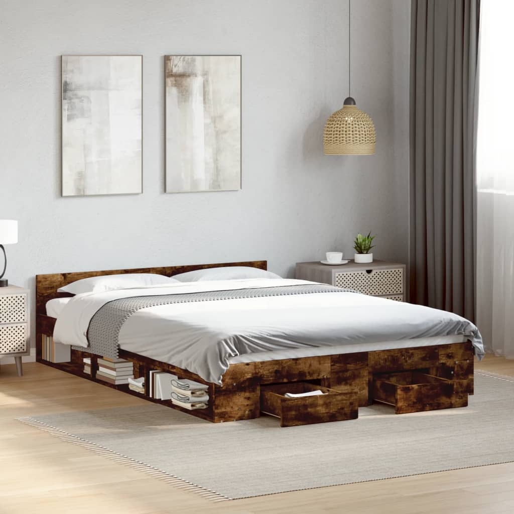 vidaXL Bed Frame with Drawers without Mattress Smoked Oak 160x200 cm