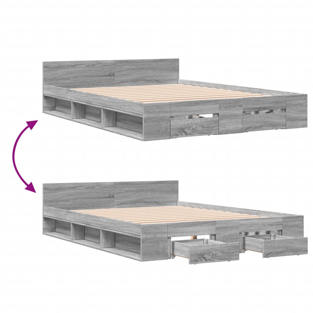 vidaXL Bed Frame with Drawers without Mattress Grey Sonoma 150x200 cm King Size