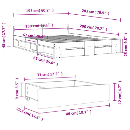 vidaXL Bed Frame with Drawers without Mattress Grey Sonoma 150x200 cm King Size