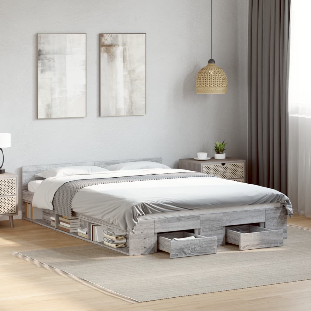 vidaXL Bed Frame with Drawers without Mattress Grey Sonoma 150x200 cm King Size