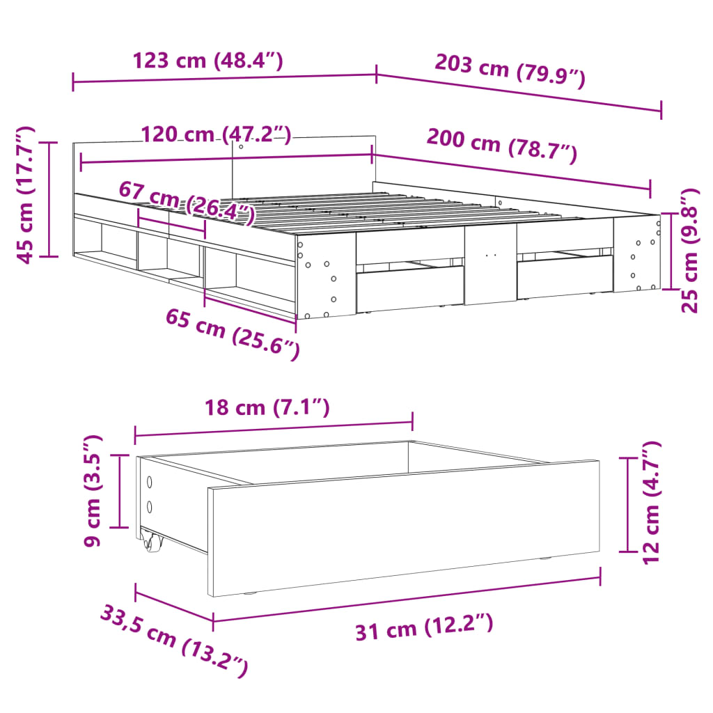 vidaXL Bed Frame with Drawers without Mattress Concrete Grey 120x200 cm