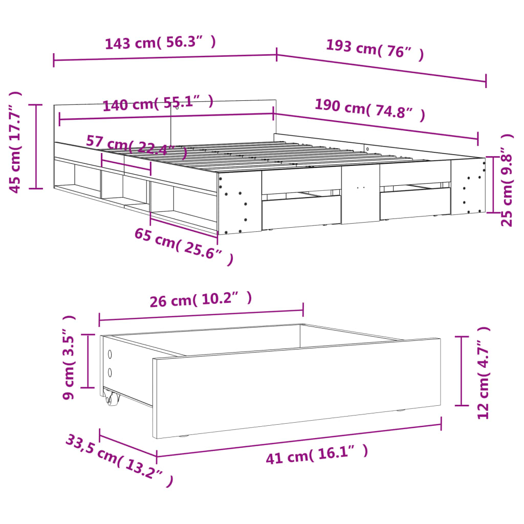 vidaXL Bed Frame with Drawers without Mattress White 140x190 cm