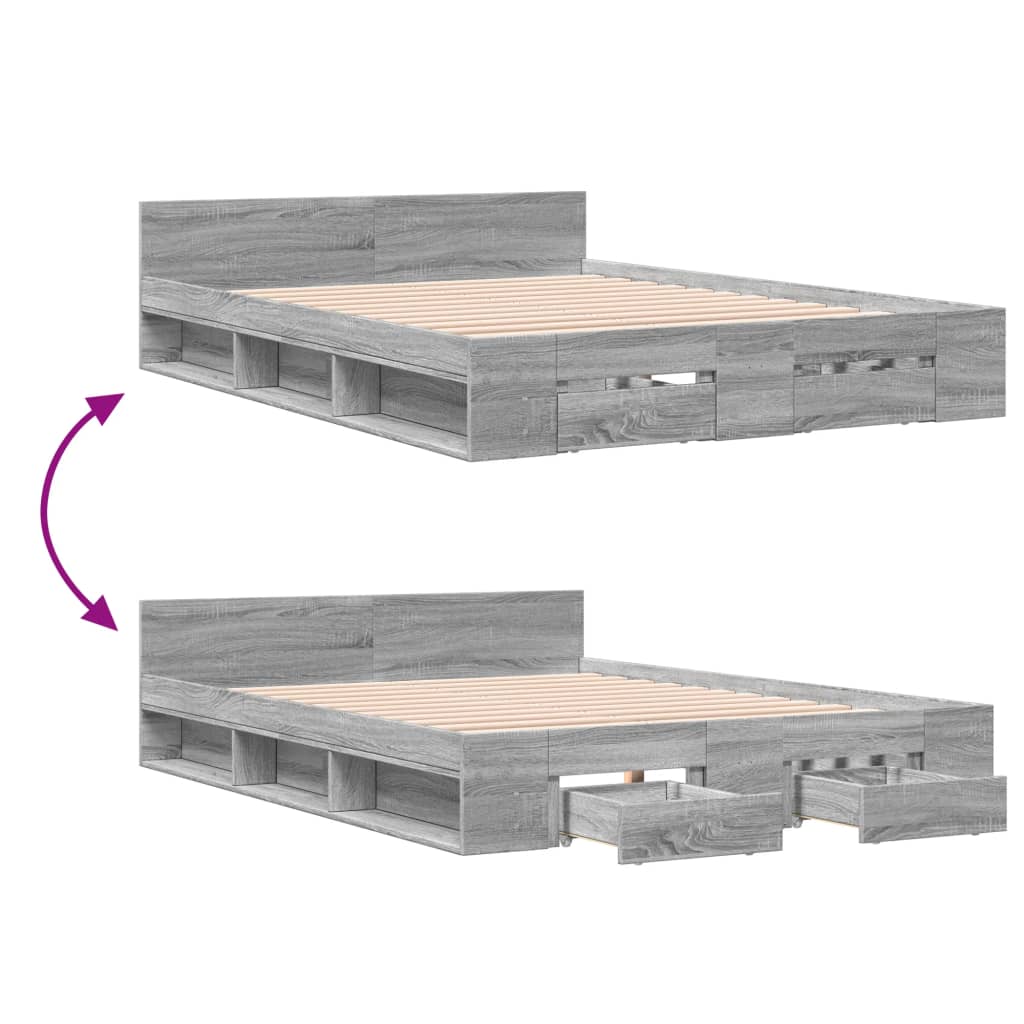 vidaXL Bed Frame with Drawers without Mattress Grey Sonoma 135x190 cm Double