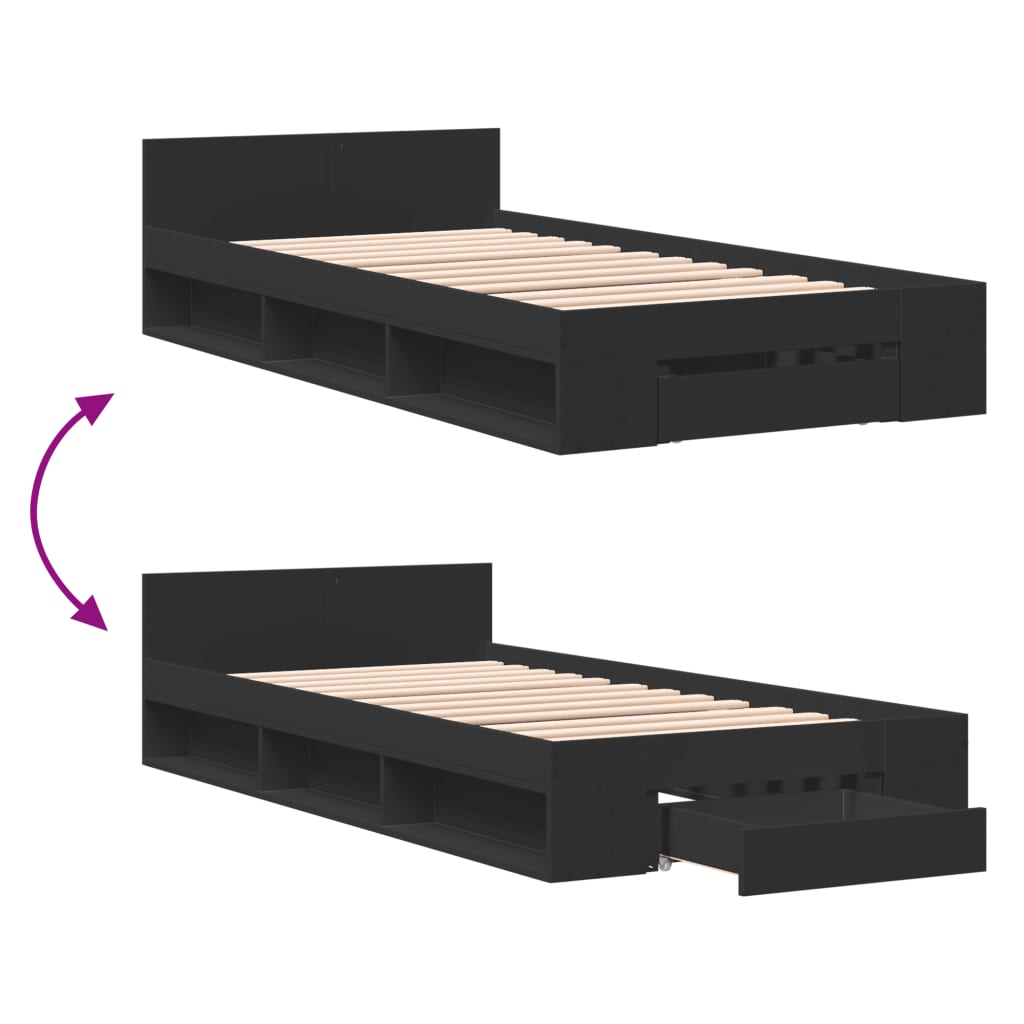 vidaXL Bed Frame with Drawer without Mattress Black 90x190 cm Single