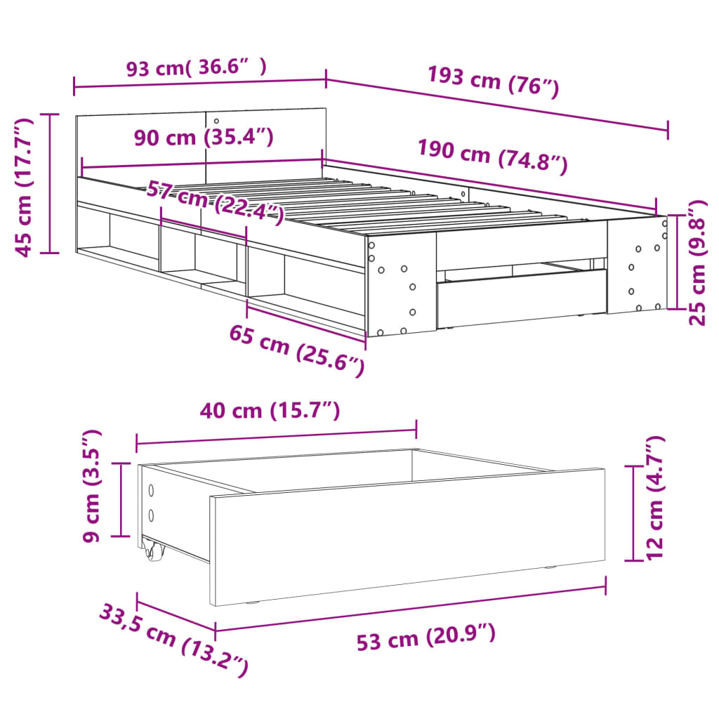 vidaXL Bed Frame with Drawer without Mattress Concrete Grey 90x190 cm Single