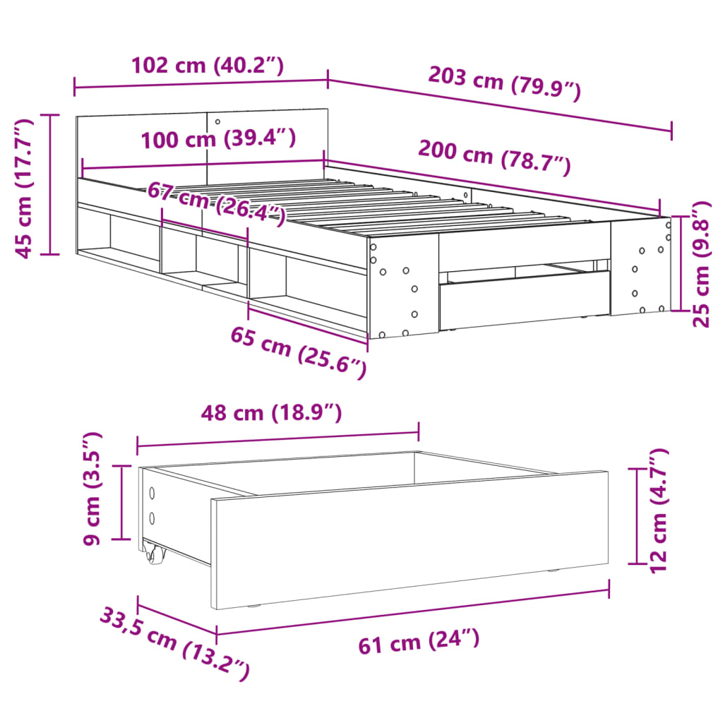 vidaXL Bed Frame with Drawer without Mattress Smoked Oak 100x200 cm