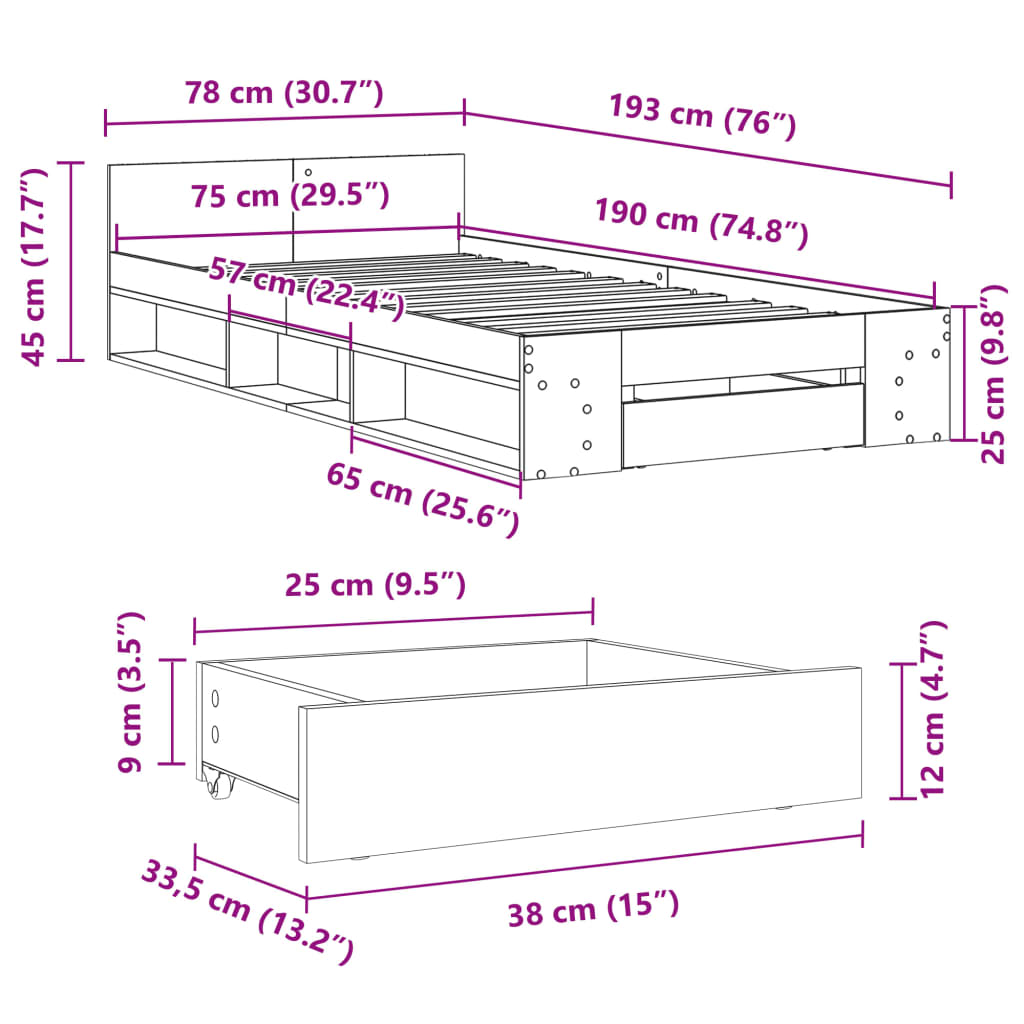 vidaXL Bed Frame with Drawer without Mattress White 75x190 cm Small Single
