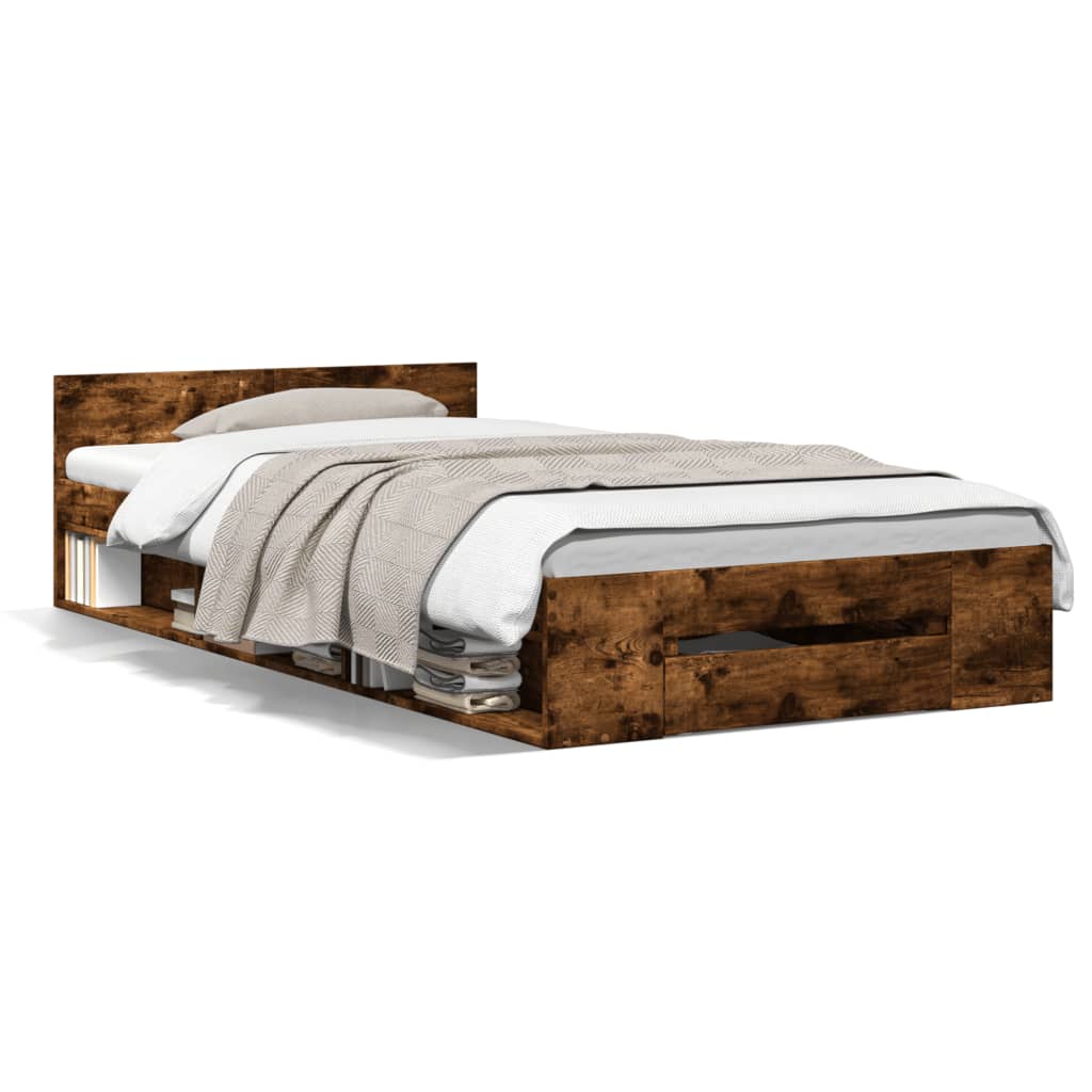 vidaXL Bed Frame with Drawer without Mattress Smoked Oak 75x190 cm Small Single