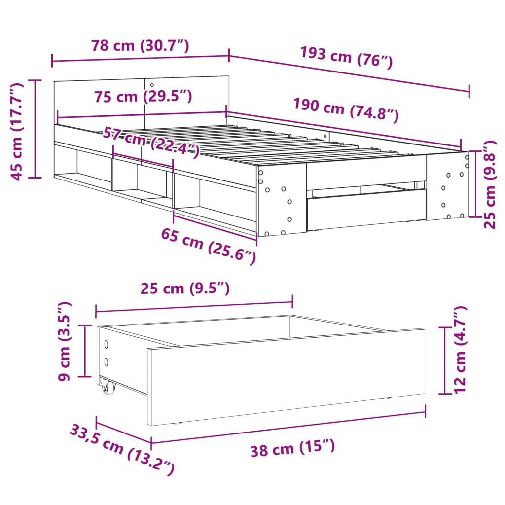 vidaXL Bed Frame with Drawer without Mattress Smoked Oak 75x190 cm Small Single