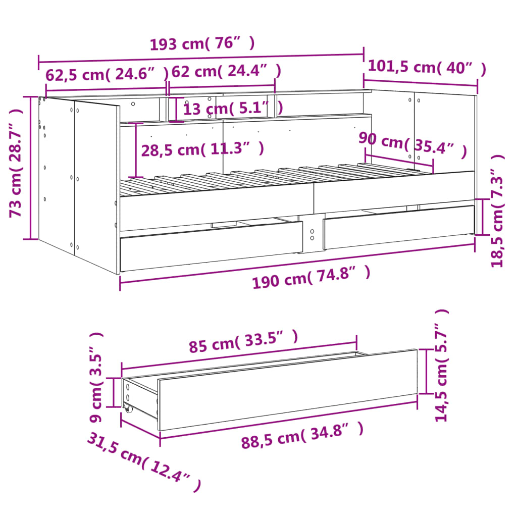 vidaXL Daybed with Drawers without Mattress Grey Sonoma 90x190 cm Single