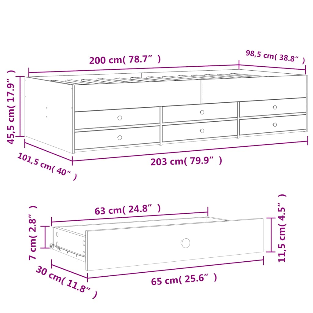 vidaXL Daybed with Drawers without Mattress Grey Sonoma 100x200 cm