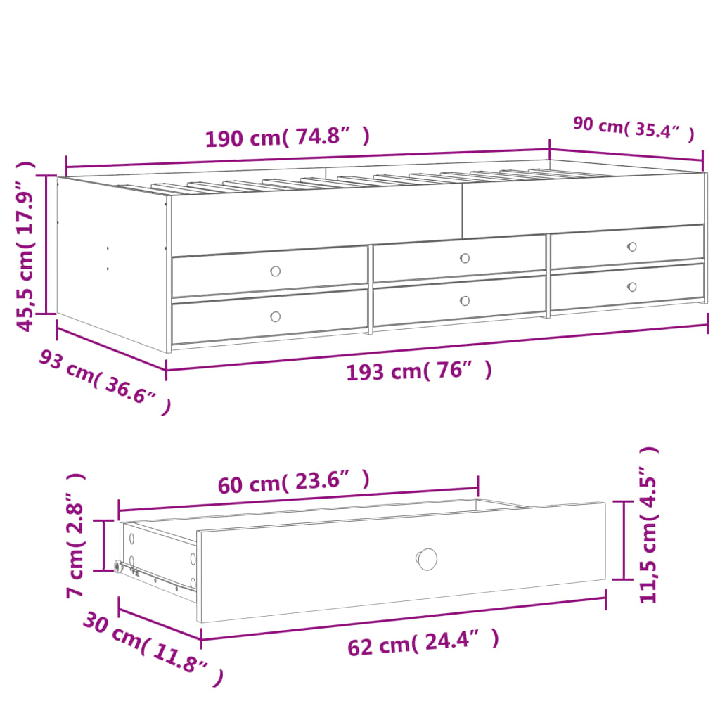 vidaXL Daybed with Drawers without Mattress Grey Sonoma 90x190 cm Single