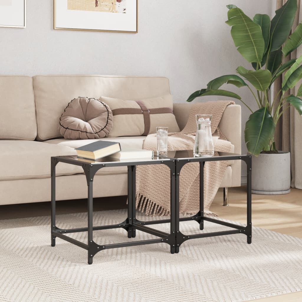vidaXL Coffee Tables with Black Glass Top 2 pcs 40x40x40 cm Steel