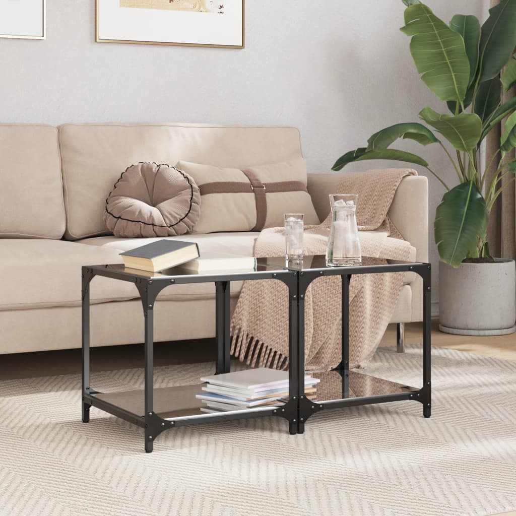 vidaXL Coffee Tables with Black Glass Top 2 pcs 40x40x40 cm Steel