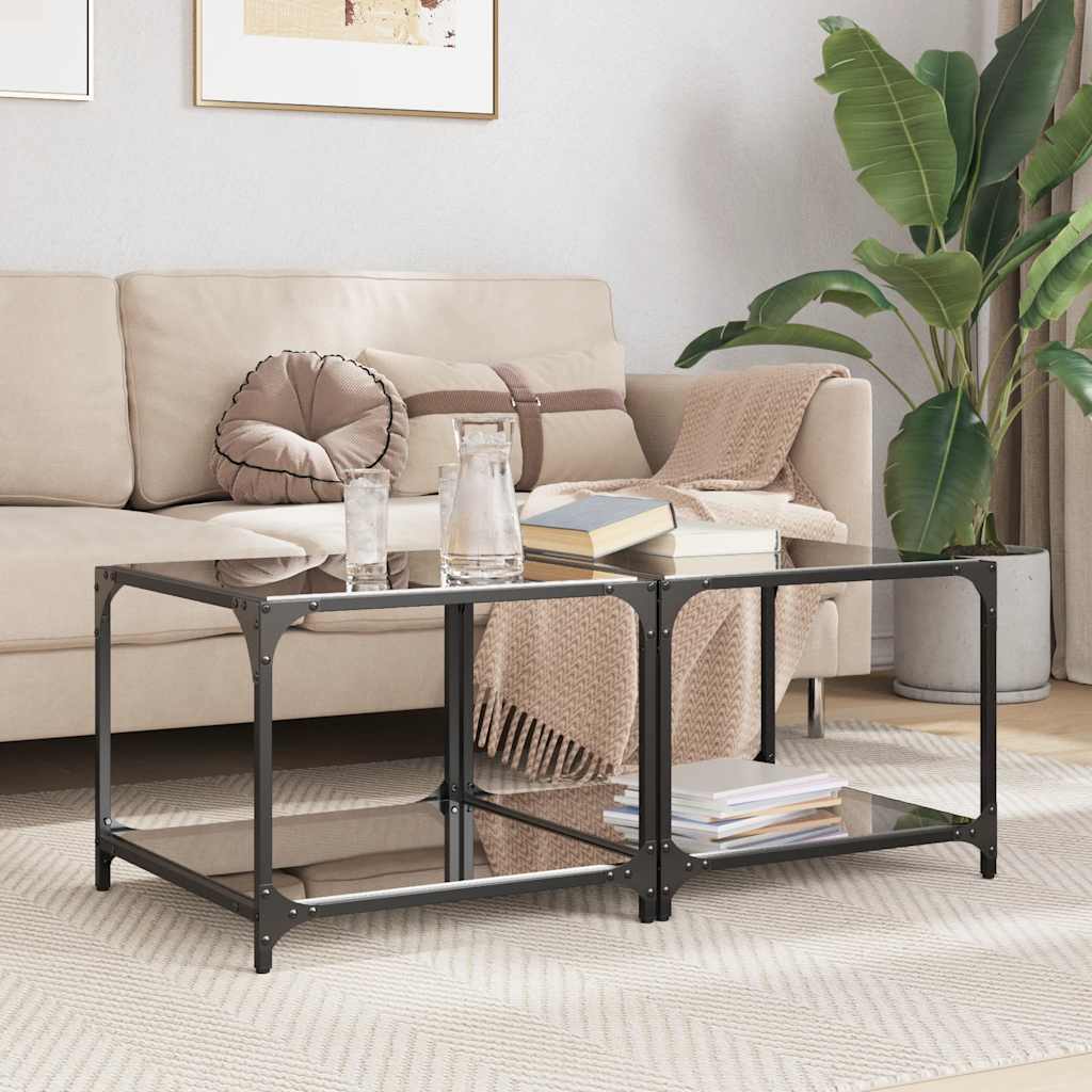 vidaXL Coffee Tables with Black Glass Top 2 pcs 50x50x40 cm Steel