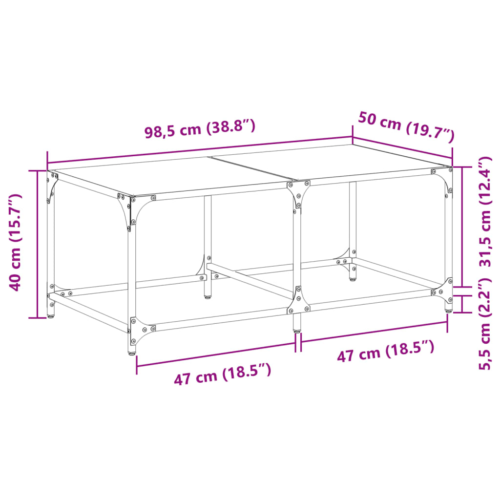 vidaXL Coffee Table with Transparent Glass Top 98.5x50x40 cm Steel