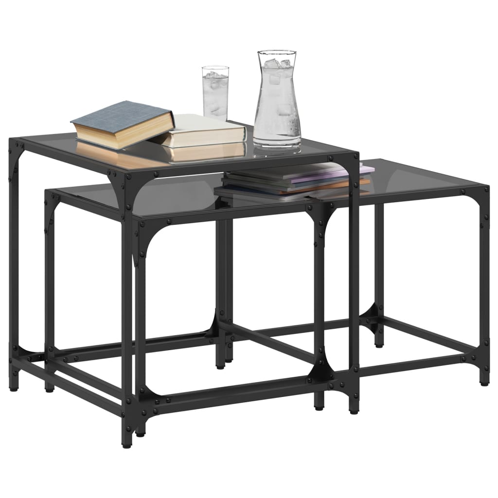 vidaXL Nesting Coffee Tables 2 pcs with Black Glass Top Steel