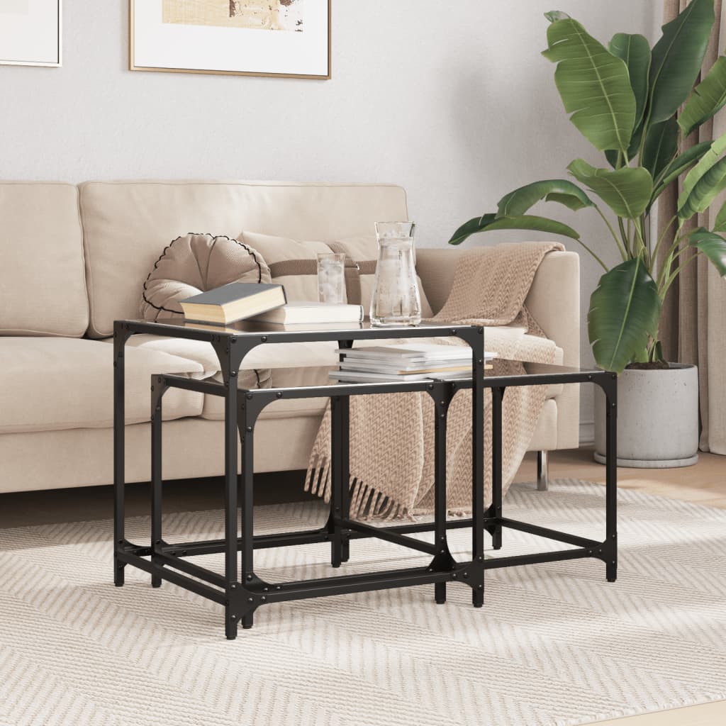 vidaXL Nesting Coffee Tables 2 pcs with Black Glass Top Steel