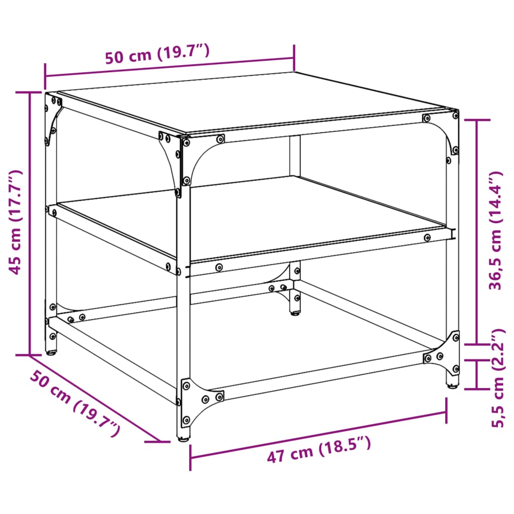 vidaXL Coffee Tables with Transparent Glass Top 2 pcs 50x50x45 cm Steel